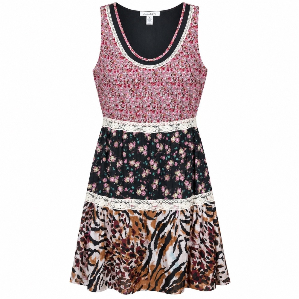 American Rag Mixed Print Lace Trim Tiered Dress Womens 3X Floral Animal Chiffon